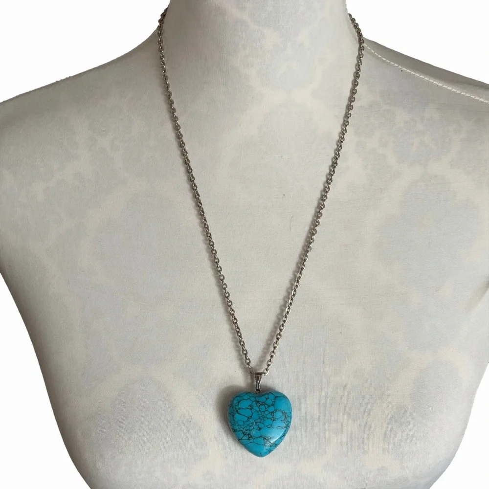 Large Faux Turquoise Heart Pendant Necklace | Boho Statement Jewelry